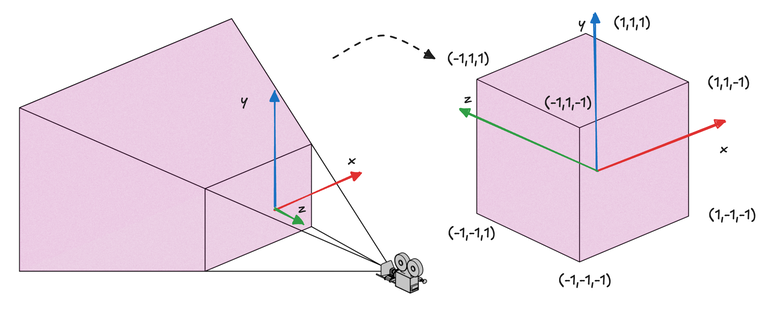 Projection Converts the View Frustum in the View Coordinates Into Normalized Device Coordinates